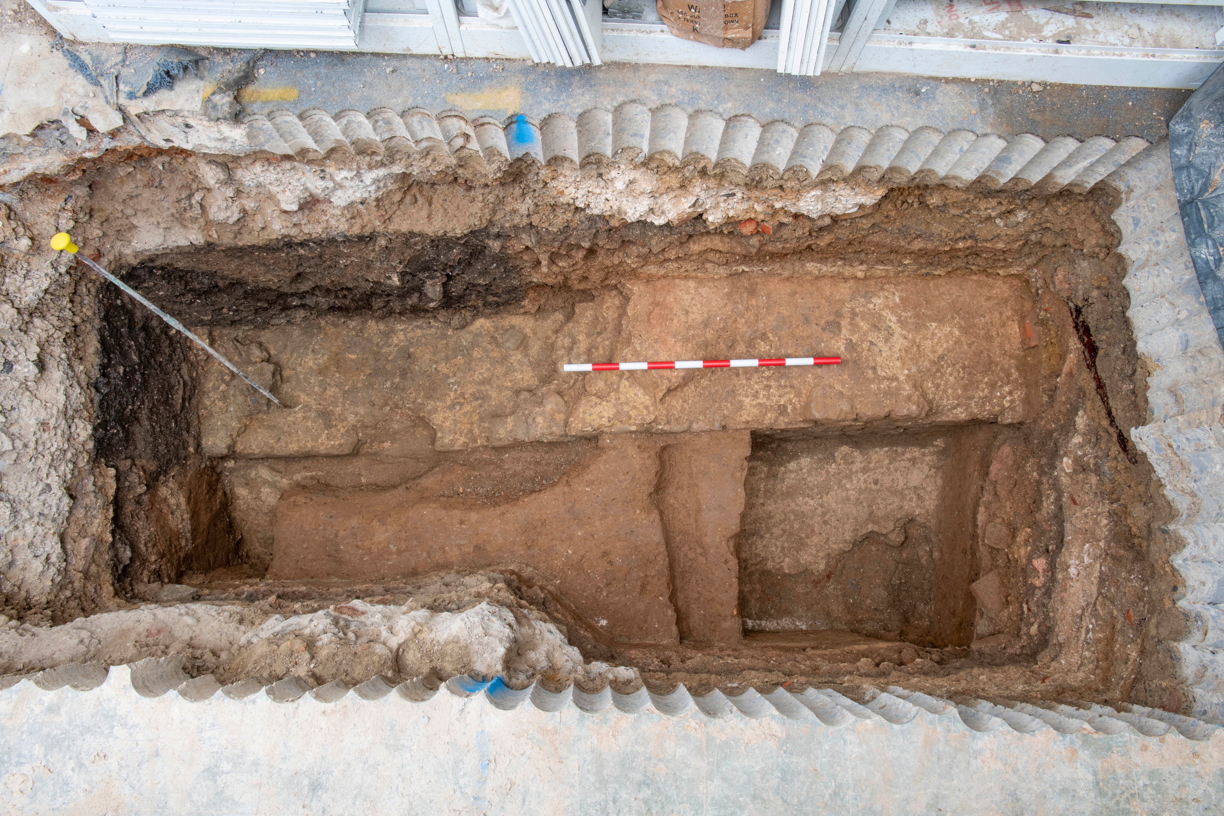 A view of part of the wall of the Roman London Basilica which has been recently unearthed by a redevelopment of a City of London building in London. (MOLA via AP)